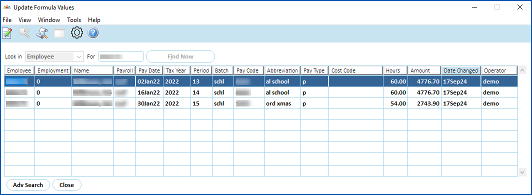 Update formula values
